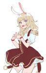  1girl :d animal_ears blonde_hair blue_eyes brown_dress copyright_request cowboy_shot dress highres long_hair looking_at_viewer mirin_chikuwa own_hands_together rabbit_ears simple_background smile solo steepled_fingers suspenders thigh-highs white_background white_legwear 