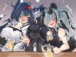  1other 2girls ahoge animal_ears arknights beer_mug blaze_(arknights) blue_hair breasts cat_ears china_dress chinese_clothes cup doctor_(arknights) dress drunk eyewear_on_head fang feater_(arknights) fingerless_gloves gloves grey_hair hairband highres hooded_coat kurarome large_breasts long_hair mug multiple_girls musical_note panda_ears sunglasses sweat sweating_profusely twintails 
