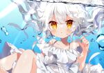  1girl :o absurdres bad_id bad_pixiv_id barefoot blue_background blush copyright_request dress fingernails hand_up highres long_hair looking_at_viewer noi_mine parted_lips solo underwater white_dress white_hair yellow_eyes 