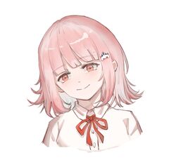  1girl bangs brown_hair cropped_shoulders danganronpa_(series) danganronpa_2:_goodbye_despair dress_shirt eyebrows_visible_through_hair flipped_hair galaga hair_ornament highres looking_at_viewer medium_hair nanami_chiaki neck_ribbon red_ribbon ribbon rui_yi_ray shiny shiny_hair shirt simple_background smile solo white_background white_shirt 