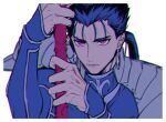  1boy angry blue_hair closed_mouth cu_chulainn_(fate) cu_chulainn_(fate/stay_night) earrings fate/stay_night fate_(series) gae_bolg_(fate) holding holding_polearm holding_weapon jewelry long_hair looking_at_viewer male_focus polearm ponytail red_eyes simple_background slit_pupils solo spiky_hair uni_(nico02) weapon 