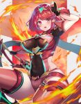  1girl aegis_sword_(xenoblade) artist_request bangs black_gloves blush breasts chest_jewel dynamic_pose earrings fingerless_gloves fire gem gloves headpiece highres holding jewelry large_breasts looking_at_viewer navel plump pyra_(xenoblade) red_eyes red_legwear red_shorts redhead short_hair short_shorts shorts solo swept_bangs sword thick_thighs thigh-highs thighs tiara weapon xenoblade_chronicles_(series) xenoblade_chronicles_2 