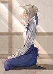  1girl ahoge artoria_pendragon_(fate) blonde_hair blouse blue_ribbon blue_skirt braid closed_eyes fate/stay_night fate_(series) french_braid from_side highres light_rays nayu_tundora neck_ribbon pantyhose reflection ribbon saber shirt sitting skirt solo wariza white_blouse white_shirt wooden_floor 