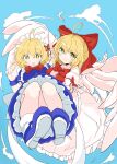  2girls ahoge angel_wings apron bangs blonde_hair blue_dress blue_footwear blue_sky blush bow breasts carrying commentary_request dress eyebrows_visible_through_hair feathered_wings feathers flying frilled_dress frills gengetsu_(touhou) hair_bow highres long_sleeves looking_at_viewer maid maid_apron maid_headdress medium_breasts mugetsu_(touhou) multiple_girls open_mouth pink_dress princess_carry puffy_short_sleeves puffy_sleeves red_bow red_neckwear red_ribbon ribbon short_hair short_sleeves siblings sisters sky smile socks sweatdrop tatutaniyuuto touhou touhou_(pc-98) white_legwear wings wrist_cuffs yellow_eyes 