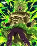  1boy abs angry bare_shoulders batmandrewart broly_(dragon_ball_super) clenched_hand commentary dragon_ball dragon_ball_super dragon_ball_super_broly energy fur_trim green_hair highres long_hair male_focus nipples no_pupils open_mouth pants pectorals pink_eyes scar scar_on_chest shouting solo spiky_hair topless_male 