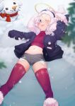  1boy :p absurdres blue_eyes blurry blurry_foreground blush bungo_taiga earmuffs halo highres indie_virtual_youtuber jacket lying male_focus midriff navel niniidawns on_back otoko_no_ko red_legwear second-party_source short_shorts shorts sleeves_past_wrists smile snow snow_angel solo thigh-highs tongue tongue_out virtual_youtuber 