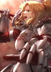  1girl absurdres armor blonde_hair braid breastplate clarent_(fate) cowboy_shot crown_braid fate/grand_order fate_(series) french_braid from_below from_side gauntlets green_eyes hair_ornament hair_scrunchie highres ichi_yoshida mordred_(fate) mordred_(fate/apocrypha) open_mouth over_shoulder ponytail red_scrunchie scrunchie sidelocks solo sword sword_over_shoulder teeth tongue weapon weapon_over_shoulder 