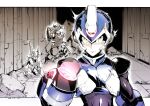 1girl 3boys absurdres android arm_cannon armor broken_armor closed_mouth dated fafnir fairy_leviathan fefnir_(mega_man) glowing green_eyes harpuia harpuia_(mega_man) helmet highres holding holding_weapon kneeling leviathan_(mega_man) leviathan_(rockman) mega_man_(series) mega_man_x_(character) mega_man_x_(series) mega_man_x_dive mega_man_zero multiple_boys open_mouth polearm robot rubble rx_hts sage_harpuia signature sitting weapon