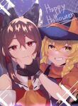  2girls :t adapted_costume animal_ears ascot bangs bare_shoulders blonde_hair blue_background blurry blurry_background blush bow braid brown_hair cat_ears closed_mouth commentary detached_sleeves eyebrows_behind_hair fake_animal_ears fang fang_out frilled_bow frills grin hair_between_eyes hair_tubes hakurei_reimu halloween hat hat_bow highres kirisame_marisa light_particles long_hair looking_at_viewer majime_joe multiple_girls orange_bow orange_neckwear puffy_short_sleeves puffy_sleeves red_eyes short_sleeves side_braid silk simple_background single_braid skin_fang smile spider_web symbol-only_commentary touhou turtleneck upper_body witch_hat yellow_eyes 