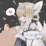  1girl absurdres animal_ears arknights bare_shoulders blonde_hair blue_hairband braid cake cake_slice dress eating food fork fox_ears fox_girl fox_tail from_side fruit green_eyes hairband hands_up heart highres holding holding_fork holding_plate kitsune multicolored_hair multiple_tails oripathy_lesion_(arknights) plate short_hair_with_long_locks sideways_glance single_wrist_cuff solo speech_bubble spoken_heart strawberry strawberry_shortcake streaked_hair suzuran_(arknights) tactical_clothes tail tou_toutou upper_body utensil_in_mouth white_dress white_hair white_wrist_cuffs wrist_cuffs 