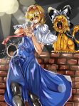  2girls aiming_at_viewer alice_margatroid animalization araki_hirohiko_(style) bangs black_cape black_headwear black_legwear blonde_hair blue_dress blue_eyes bow brick_wall bullet_hole cape capelet cigarette closed_mouth collared_capelet commentary_request cookie_(touhou) dress eyebrows_visible_through_hair feet_out_of_frame fourth_wall frilled_capelet frilled_hairband frills gun gun_in_mouth hair_over_one_eye hairband handgun hat holding holding_gun holding_weapon hyper_muteki_(artist) jigen_(cookie) jojo_no_kimyou_na_bouken kirisame_marisa koga_(cookie) lion long_hair looking_at_viewer medium_hair multiple_girls necktie pantyhose parody red_eyes red_hairband red_necktie revolver serious smoke smoking smoking_gun style_parody touhou weapon white_bow white_capelet witch_hat 
