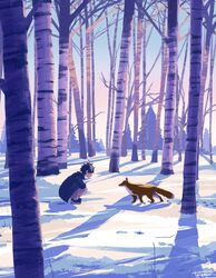  1boy bare_tree forest fox highres looking_at_another nature original outdoors pine_tree scenery short_hair sky snow sunset taizo4282 tree winter 