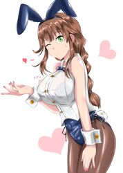  1girl absurdres animal_ears blue_leotard blush bow bowtie braid breasts brown_hair brown_legwear cowboy_shot detached_collar eyebrows_visible_through_hair fake_animal_ears fake_tail green_eyes hair_between_eyes heart highres kantai_collection large_breasts leotard leotard_under_clothes looking_at_viewer nipa_(graf_xsr900) noshiro_(kancolle) one_eye_closed pantyhose playboy_bunny rabbit_ears rabbit_tail shirt sleeveless sleeveless_shirt solo sweatdrop tail twin_braids white_background white_shirt wrist_cuffs 