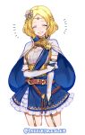  1girl black_gloves blonde_hair blue_cape blue_dress blue_skirt blush braid bridal_gauntlets cape circlet closed_eyes closed_mouth commentary commission detached_sleeves dress elbow_gloves english_commentary fire_emblem fire_emblem_warriors forehead frilled_skirt frills garter_straps gloves gold_trim grin hair_ornament hairpin hand_on_own_arm highres lianna_(fire_emblem) multicolored_clothes pomme_(lazzledazzle) princess short_hair simple_background skirt sleeveless sleeveless_dress smile solo teeth thighs twitter_username two-tone_cape white_background white_cape white_dress white_sleeves 