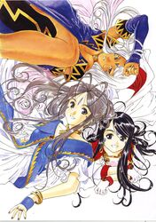 3girls aa_megami-sama bangles belldandy black_eyes black_hair dark-skinned_female facial_mark goddess gray_eyes grey_hair long_hair rings skuld_(aa_megami-sama) smile urd violet_eyes white_hair women 