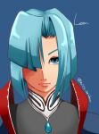  1girl armor blue_eyes blue_hair character_name closed_mouth grandia grandia_i hair_over_one_eye leen_(grandia) looking_at_viewer short_hair shoulder_armor simple_background solo twitter_username ustumi_soudou 