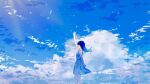  1girl blue_dress blue_hair blue_sky blue_theme clouds dress long_hair original outdoors scenery shion_08 sky summer waving 