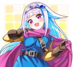  1girl :d bangs belt belt_buckle black_belt black_gloves blue_hair blue_tunic buckle cape circlet commentary_request cosplay dragon_quest dragon_quest_iii eyebrows_visible_through_hair gloves highres layered_sleeves lize_helesta long_hair long_sleeves looking_at_viewer multicolored_hair nijisanji pink_cape pink_hair roto roto_(cosplay) sakino_shingetsu short_over_long_sleeves short_sleeves smile solo two-tone_hair upper_body very_long_hair violet_eyes virtual_youtuber 