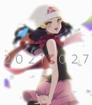  1girl :d beanie black_hair blurry blush commentary_request confetti dated eyelashes floating_hair floating_scarf from_side hair_ornament hairclip hat interlocked_fingers long_hair looking_at_viewer looking_to_the_side mokorei open_mouth own_hands_together pink_skirt platinum_berlitz pokemon pokemon_adventures red_scarf scarf shirt skirt sleeveless sleeveless_shirt smile solo teeth tongue twitter_username upper_teeth white_headwear yellow_eyes 