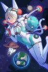  1girl absurdres aqua_eyes artist_name covered_navel hair_over_one_eye highres jetpack looking_at_viewer nemo_(leafnight) original planet solo space space_craft space_helmet spacesuit 