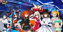  6+girls allen_m._sumner_(azur_lane) azur_lane bikini blonde_hair brown_hair calamity_jane_(fate) charlotte_corday_(fate) closed_eyes collage crossover disco dress fate/grand_order fate_(series) fujimaru_ritsuka_(female) green_bikini haori hat highres japanese_clothes knife marie_antoinette_(fate) mika_pikazo multicolored_hair multiple_girls nagu orange_hair ponytail school_uniform sei_shounagon_(fate) sunglasses swimsuit twintails white_dress white_hair 