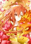  bird brown_eyes brown_hair heterochromia highres japanese_clothes kimono light_particles long_hair original petals petting phoenix pping solo tears wings yellow_eyes 
