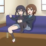  black_hair brown_eyes brown_hair couch hirasawa_yui k-on! long_hair nakano_azusa pantyhose qwer school_uniform short_hair twintails v 