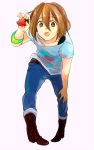  brown_eyes brown_hair casual food fruit hino_(gonta523) hirasawa_yui holding holding_fruit jeans k-on! listen!! short_hair solo strawberry 