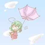  chibi cloud clouds doromizu fang green_hair kazami_yuuka necktie o_o plaid plaid_skirt plaid_vest red_eyes skirt skirt_set sky teardrop tears touhou umbrella umbrella_riding wind 