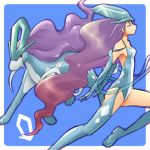  1girl detached_sleeves elbow_gloves gloves gradient_hair jumping leotard long_hair lowres moemon multicolored_hair personification pokemon pokemon_(creature) pokemon_(game) pokemon_gsc purple_hair suicune tenjou_ryuka thigh-highs thighhighs very_long_hair 