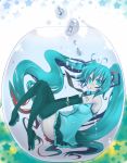  aqua_eyes aqua_hair bubble detached_sleeves hatsune_miku highres leg_hug legs long_hair mamemix musical_note necktie skirt solo thigh-highs thighhighs twintails underwater undewater very_long_hair vocaloid zettai_ryouiki 