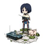  blue_hair caterpillar_tracks chibi controller darcsen edelweiss_(senjou_no_valkyria) hans highres isara_gunther military military_uniform military_vehicle miniskirt no_nose pig porcavian remote_control senjou_no_valkyria senjou_no_valkyria_1 shawl short_hair skirt tank thigh-highs thighhighs uniform vehicle wings wood0083 wood_k zettai_ryouiki 