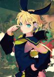  :p bad_id blonde_hair detached_sleeves hair_ornament hair_ribbon hairclip headphones kagamine_rin ribbon short_hair skirt solo tongue vocaloid zis 