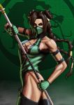 braid brown_hair cleavage dark_skin female gloves green_eyes jade jade_(mortal_kombat) long_hair makeinu midway_(company) mortal_kombat mortal_kombat_4 mortal_kombat_armageddon mortal_kombat_deadly_alliance mortal_kombat_deception mortal_kombat_ii mortal_kombat_trilogy solo staff thigh-highs twin_braids ultimate_mortal_kombat_3