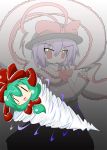  chibi drill frills green_hair hat kagiyama_hina nagae_iku purple_hair red_eyes ribbon shawl tenshou_(loricon) touhou 