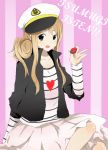  blonde_hair blue_eyes food fruit hat holding holding_fruit k-on! kotobuki_tsumugi listen!! long_hair sailor_hat skirt solo strawberry 