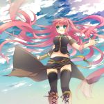  blue_eyes boots breasts happy large_breasts long_hair megurine_luka midriff pink_hair sky thigh-highs thighhighs vocaloid wind_lift yamiko yamiya 