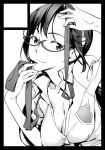  circle_cut cleavage evangelion:_2.0_you_can_(not)_advance glasses hairband hobo_nooto leaning_forward makinami_mari_illustrious monochrome necktie neon_genesis_evangelion rebuild_of_evangelion school_uniform taut_shirt untied 