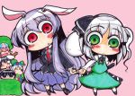  black_hair blazer braid bunny_ears chibi ghost green_eyes hairband hat houraisan_kaguya inaba_tewi katana konpaku_youmu konpaku_youmu_(ghost) long_hair matarou myon necktie pink_hair purple_hair rabbit_ears red_eyes reisen_udongein_inaba saigyouji_yuyuko short_hair silver_hair sword touhou weapon yagokoro_eirin 