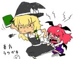  anger_vein bandages bat_wings blonde_hair book bow braid chibi hat hat_bow head_bump head_wings headwings kirisame_marisa koakuma long_hair lowres multiple_girls o_o red_hair redhead sho_(pixiv) snot tears touhou wavy_mouth wings witch_hat 