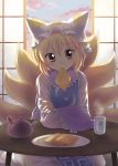  backlighting blonde_hair blush crossed_arms food fox_tail hat indoors mouth_hold multiple_tails oimo shade short_hair sitting solo table tail teapot touhou yakumo_ran yellow_eyes 
