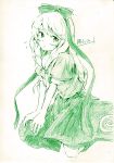  character_name front_ponytail green hair_ribbon kagiyama_hina kneeling monochrome ribbon sketch touhou vent_arbre 