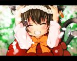  blush brown_hair cat_ears cat_tail chen closed_eyes earrings fangs grin haruyonoto jewelry kemonomimi_mode multiple_tails short_hair smile solo tail teeth touhou 