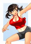  bad_id bare_shoulders bike_shorts breasts brown_eyes brown_hair cleavage face fujisawa_takashi midriff navel open_mouth original short_hair short_twintails solo tan tank_top tanline twintails 