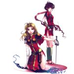  2girls angorilla armor black_eyes black_hair blonde_hair bridal_gauntlets female gloves kasumi_(suikoden) kneeling long_hair ninja open_mouth sandals scarf short_hair suikoden suikoden_i suikoden_ii sword valeria_(suikoden) violet_eyes 