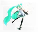 aqua_eyes aqua_hair bad_id detached_sleeves digital_dissolve hatsune_miku hatsune_miku_no_shoushitsu_(vocaloid) headset highres kagexxx legs long_hair necktie outstretched_arms outstretched_hand pixels reaching skirt solo thigh-highs thighhighs twintails vocaloid zettai_ryouiki 