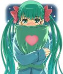  bow covering_face green_eyes green_hair hair_bow heart hirokiku long_hair original pajamas pillow pillow_hug shy solo twintails 