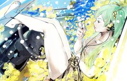  aqua_eyes aqua_hair barefoot breasts car cleavage dandelion flower hatsune_miku headphones legs lips long_hair motor_vehicle shimabara shorts sitting solo twintails vehicle vocaloid 