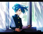  blue_hair book curtains gakuran inazuma_eleven kazemaru_ichirouta ponytail red_eyes school_uniform solo trap wind window 