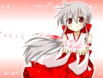  1girl alternate_costume blush flower grey_hair highres japanese_clothes miko minami_(colorful_palette) petals ponytail red_eyes simple_background smile solo vocaloid voyakiloid wallpaper yowane_haku 